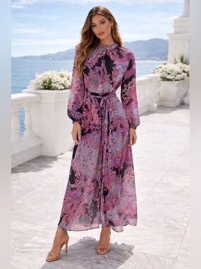 Tahari ASL Paisley Maxi Dress Size 4 Long Sleeve Tie Waist Elegant